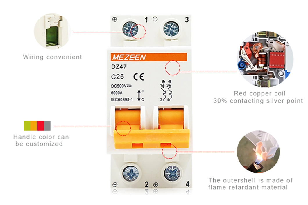 2p MCB Dz47-63 1A 2A 3A 4A 5A 6A 10A 16A 20A 32A 40A 50A 63A DC 500V 1000V DC Mini Circuit Breaker